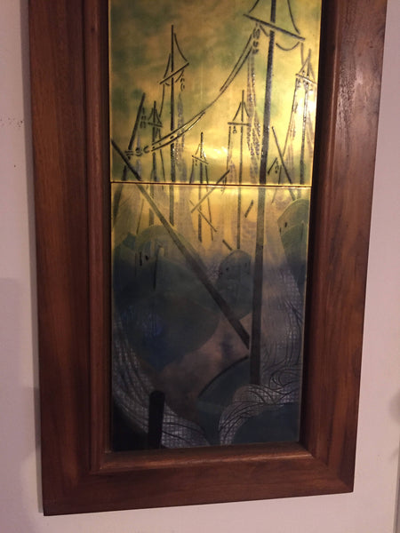 Vintage Danish Modern Abstract Enameled Metal Tile Painting with Teak Frame