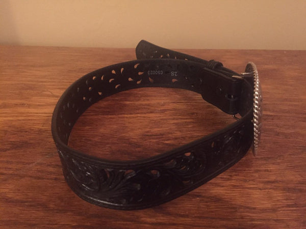 Tony Llamas Black Pierced Leather Belt with Silverplated Buckle