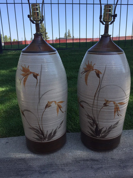 Pair of 1960s Tall Hand-Thrown Studio Pottery Table Lamps , floral motif