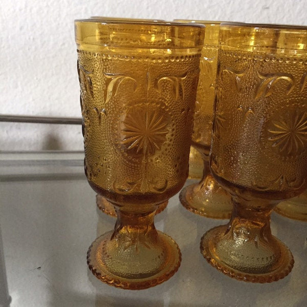 Set of 12- Vintage Modern Indiana Tiara Sandwich Glass Amber Footed Concord Brockway DaisyAmber Glass Footed Tumblers. Drinking Glasses