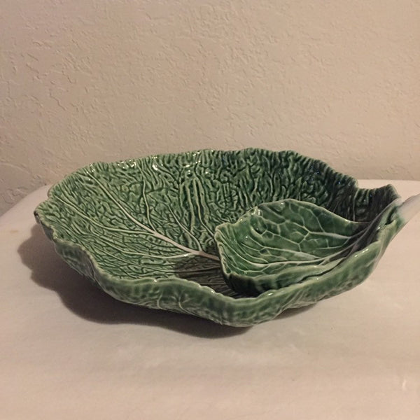 Vintage Large Ceramic Cabbage Serving Dish with small attached sauce dish- Pottery - made in Portugal