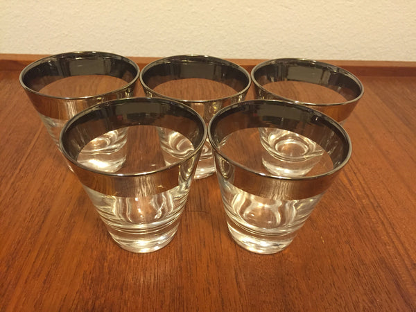 Set of 5 MCM Silver Rim Double Shot Glass Cut Crystal Sides Mid Century Modern, Dorothy Thorpe, Thick Bottoms