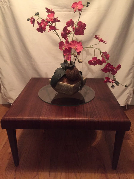 Mid Century Modern Waterfall Edge Walnut Veneer Coffee Table with Glass Center and lower magazine shelf