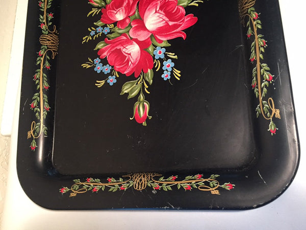 Vintage Metal Tole Painted Dinner Tray - roses