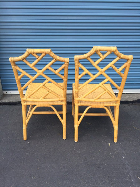 Vintage Pair of Chinese Chippendale Style Rattan Chairs with loose seat cushions