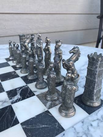 Amazing Vintage Hollywood Regency Marble Chess Game Table with Marble Base Art Deco with Metal Figural Chess Pieces