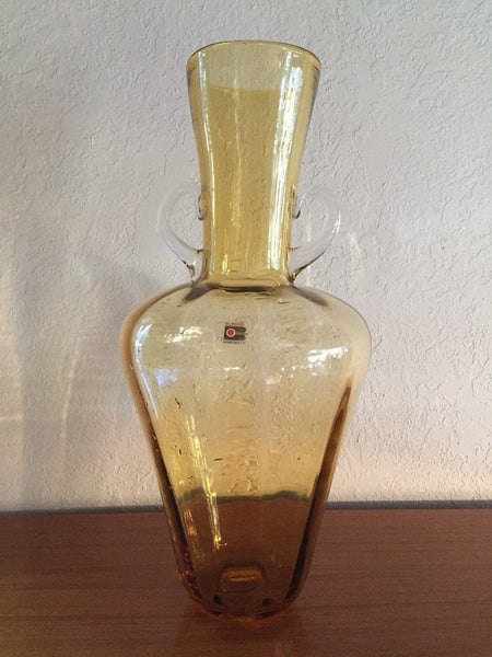 Vintage Blenko Tall Amber Optic Art Glass Vase with clear handles