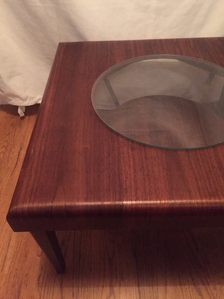 Mid Century Modern Waterfall Edge Walnut Veneer Coffee Table with Glass Center and lower magazine shelf