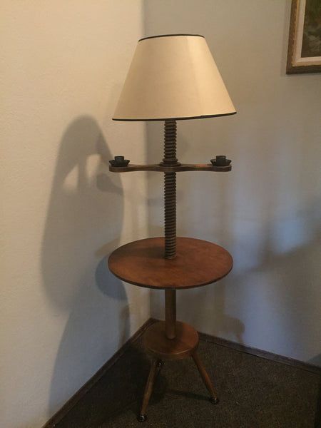 Antique Maple wood Spool Table with lamp and candleholders American Victorian Era