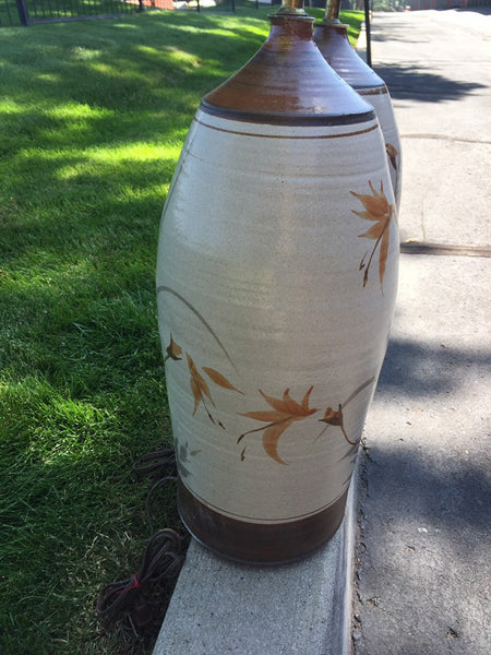 Pair of 1960s Tall Hand-Thrown Studio Pottery Table Lamps , floral motif