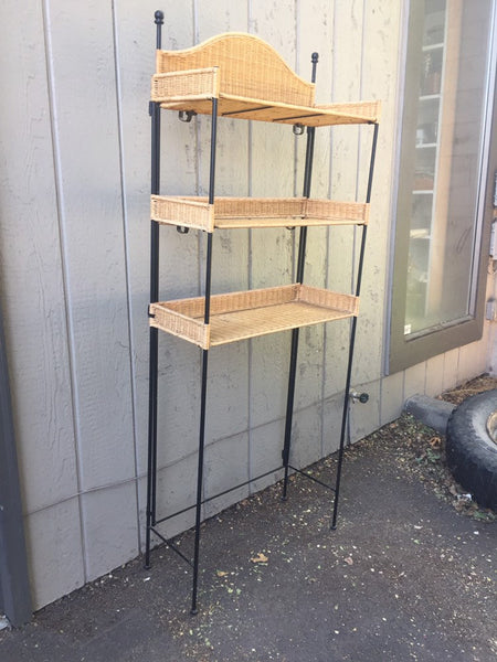 Vintage Iron and Rattan Folding Shelf Unit, Bathroom Storage, Metal Plant Stand, Tiered Standing Shelf, Store Display