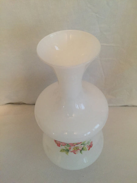 Large Antique Vintage Milk Glass Vase with Painted Florals, flowers, roses, large vase 13-1/2" x 6-1/2"