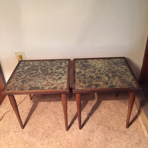 Pair of Mid Century Modern Small Stacking Side Tables with glass tops