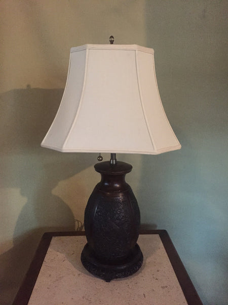 Vintage Marbro Bronze Asian Style Table Lamp adorned with a peacock and floral motif