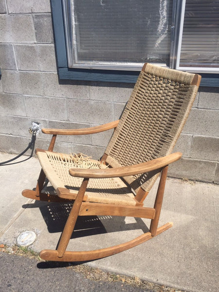 Vintage Danish Modern Teak chair with woven rope seat Mid Century Wegner Eames - Needs work