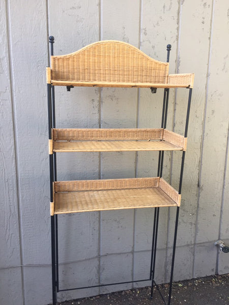 Vintage Iron and Rattan Folding Shelf Unit, Bathroom Storage, Metal Plant Stand, Tiered Standing Shelf, Store Display