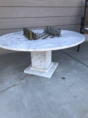 Amazing Vintage Hollywood Regency Marble Chess Game Table with Marble Base Art Deco with Metal Figural Chess Pieces