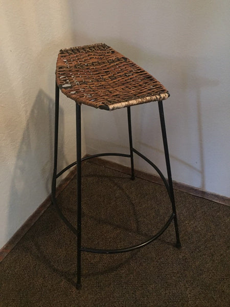 Vintage Mid Century Arthur Umanoff Wrought Iron and Woven Reed Barstool