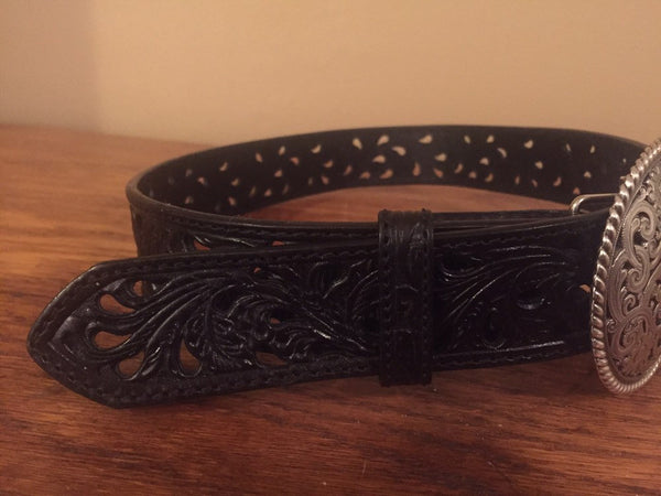 Tony Llamas Black Pierced Leather Belt with Silverplated Buckle