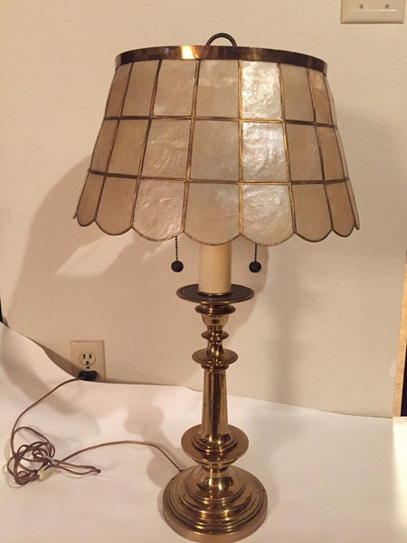 Beautiful Vintage Brass Table Lamp with Capiz Shell Shade and earring pull switches