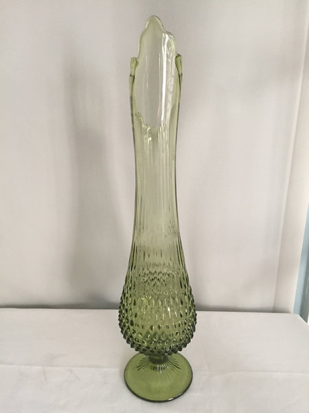 Fenton Swung Fern Green Glass Hobnail Vase - Mid Century Tall Swung Glass Vase - Art Glass Vase - Vintage Hobnail Vase