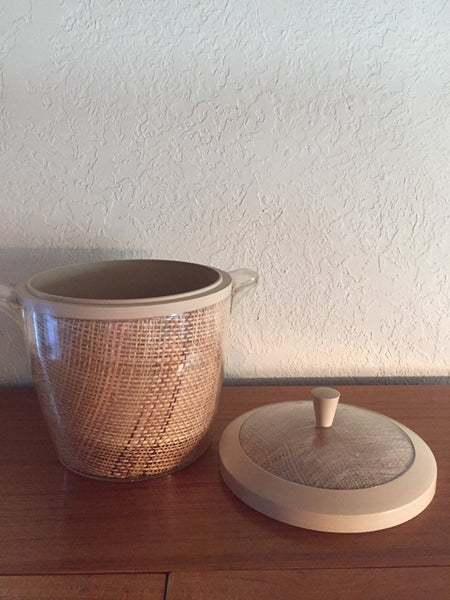 Mid Century Modern 1970's Beige Raffiaware Ice Bucket with plastic handles and lid