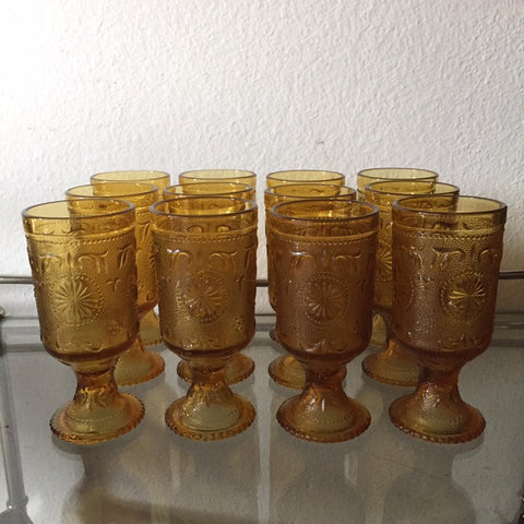 Set of 12- Vintage Modern Indiana Tiara Sandwich Glass Amber Footed Concord Brockway DaisyAmber Glass Footed Tumblers. Drinking Glasses