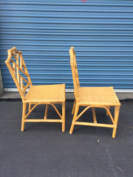 Vintage Pair of Chinese Chippendale Style Rattan Chairs with loose seat cushions