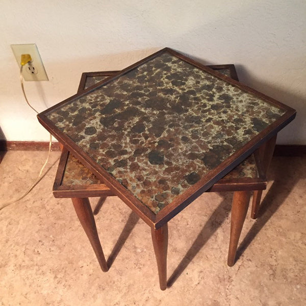 Pair of Mid Century Modern Small Stacking Side Tables with glass tops