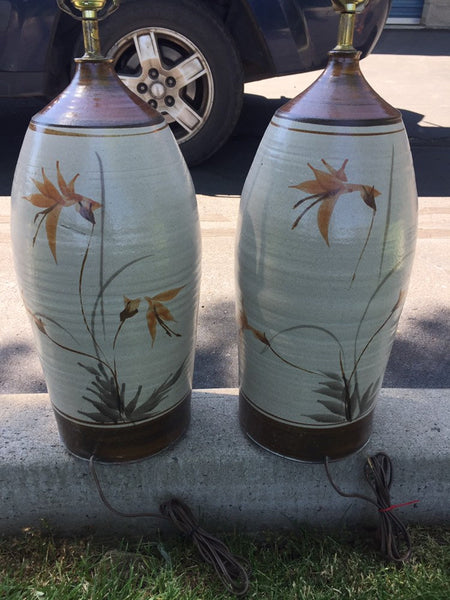 Pair of 1960s Tall Hand-Thrown Studio Pottery Table Lamps , floral motif