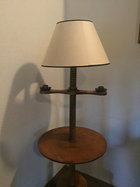 Antique Maple wood Spool Table with lamp and candleholders American Victorian Era