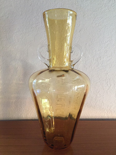 Vintage Blenko Tall Amber Optic Art Glass Vase with clear handles