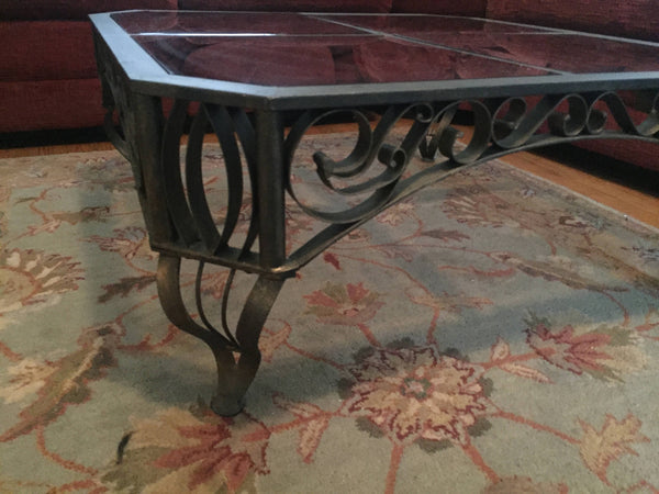 Vintage Bronzed Wrought Iron and Smoked Glass Ornate Cocktail Table