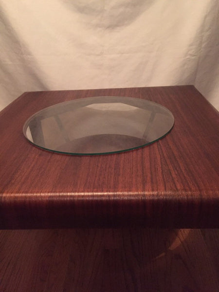 Mid Century Modern Waterfall Edge Walnut Veneer Coffee Table with Glass Center and lower magazine shelf