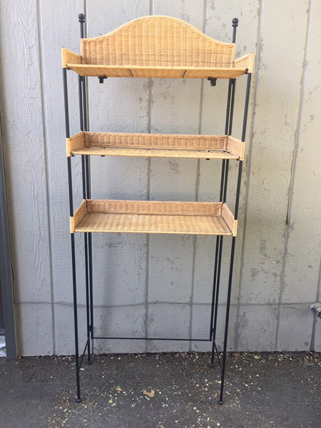 Vintage Iron and Rattan Folding Shelf Unit, Bathroom Storage, Metal Plant Stand, Tiered Standing Shelf, Store Display