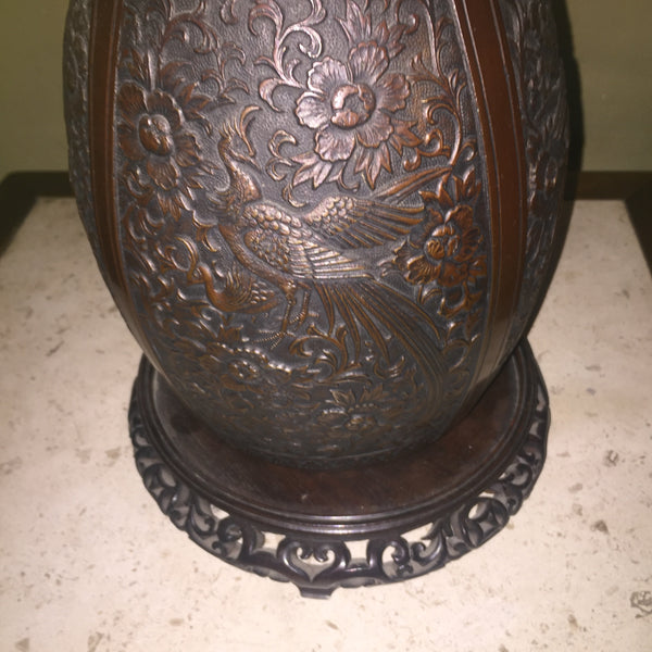 Vintage Marbro Bronze Asian Style Table Lamp adorned with a peacock and floral motif