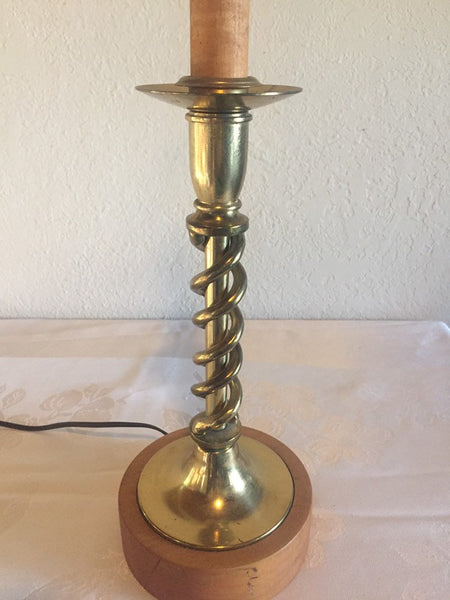 Vintage Brass twisted Candlestick Table lamp with wood base