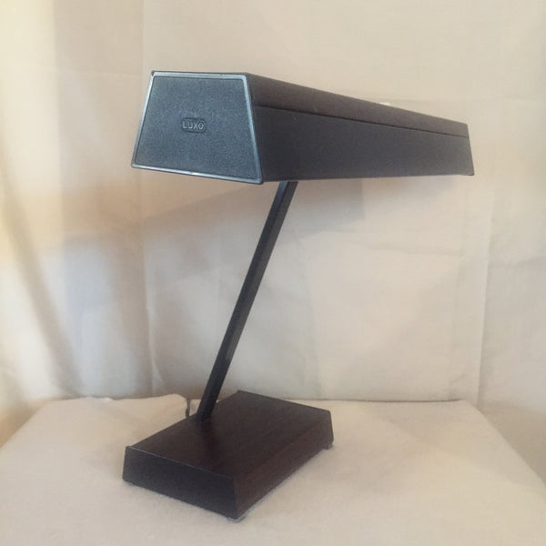 Vintage Black Metal and Brown Faux Wood Luxo Desk Lamp Modernist Bauhaus MCM Madmen