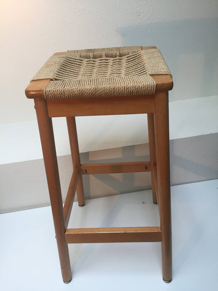 Vintage Danish Modern Maple bar stool with woven rope seat Mid Century Wegner Eames