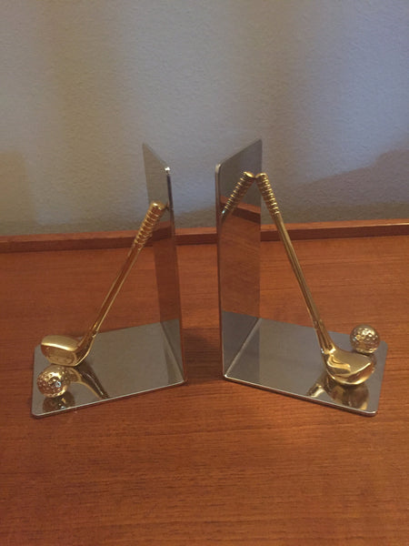 Vintage Gold Club Bookends, Chrome and Brass Sports Bookends, Metal Golf Clubs Sports Decor