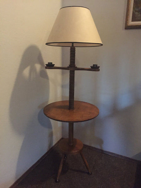 Antique Maple wood Spool Table with lamp and candleholders American Victorian Era