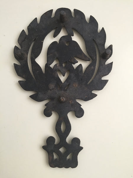 Vintage Black Cast Iron Trivet, pot holder, cookware holder, Eagle and heart design. Americana