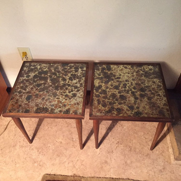 Pair of Mid Century Modern Small Stacking Side Tables with glass tops