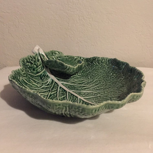 Vintage Large Ceramic Cabbage Serving Dish with small attached sauce dish- Pottery - made in Portugal