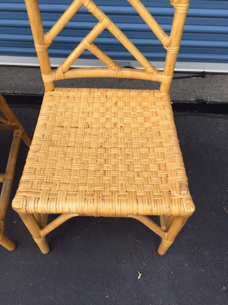 Vintage Pair of Chinese Chippendale Style Rattan Chairs with loose seat cushions