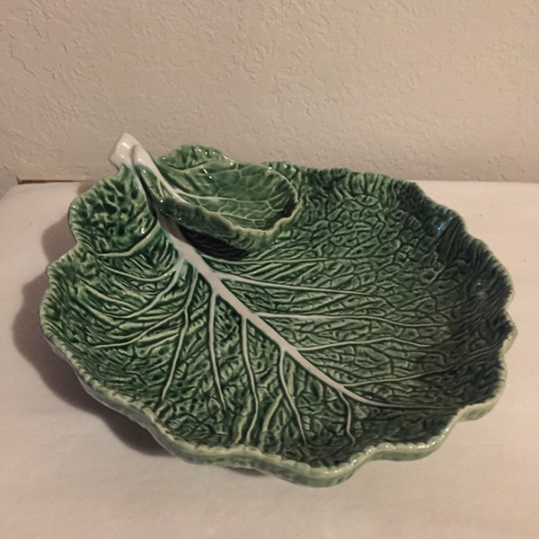 Vintage Large Ceramic Cabbage Serving Dish with small attached sauce dish- Pottery - made in Portugal