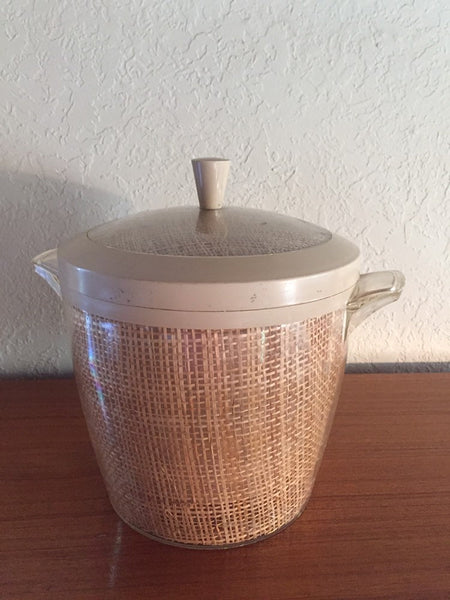 Mid Century Modern 1970's Beige Raffiaware Ice Bucket with plastic handles and lid