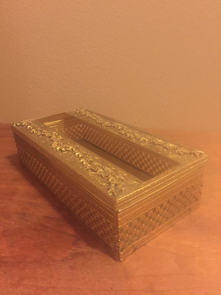 Vintage Gold Tissue Box Holder, vanity accessories, tissue holder Gold Brass Filigree Tissue Box, Hollywood Regency, Kleenex Box Holder