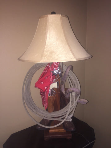 Rustic Western Country Tall Table Lamp- Cowboy boots, lasso, bandanna, rattlesnake- Unique!