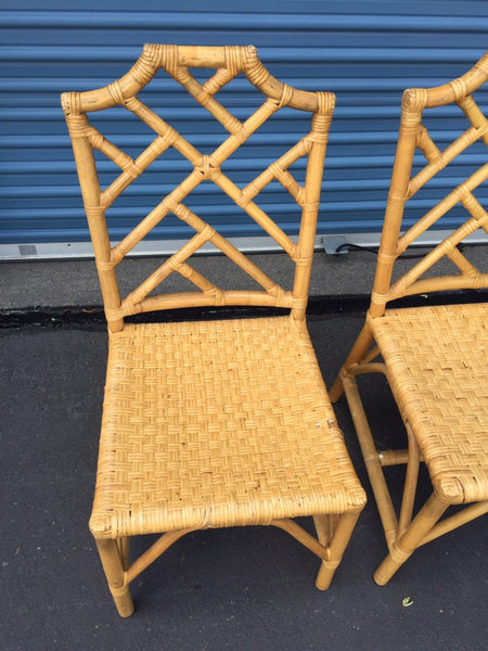 Vintage Pair of Chinese Chippendale Style Rattan Chairs with loose seat cushions